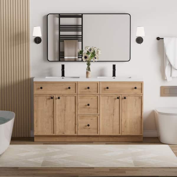 60 in. W x 18.1 in. D Double Sink Freestanding Oak Bath Vanity with White Integrated Composite Resin Top Drain Set