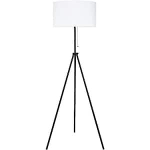 59 in. Black Tripod Floor Lamp 100% Metal Body with Linen Round Shade E26 Socket