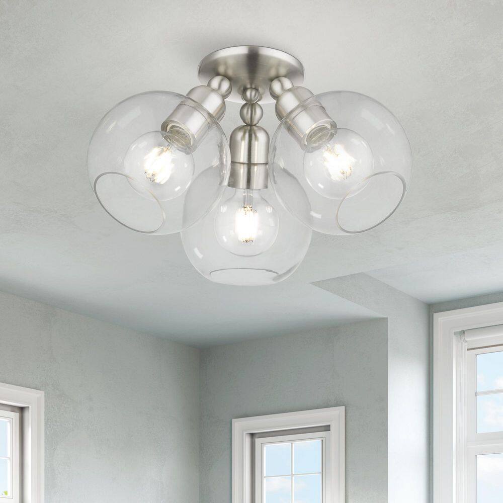 Brushed Nickel 3-Light Semi-Flush Mount with Clear Glass Shades