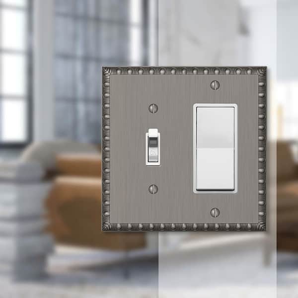 Antiquity 2 Gang 1-Toggle and 1-Rocker Metal Wall Plate - Antique Nickel