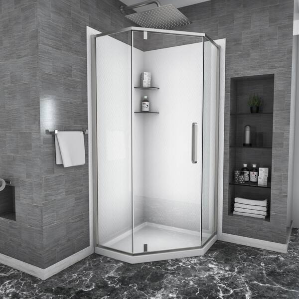 ANGELES HOME 34-1/8 in. W x 72 in. H Neo Angle Pivot Semi Frameless Corner Shower Enclosure in Brushed Nickel Finish with Hardware