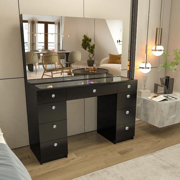 Lily Black Finish, 9-Drawers 53 in. W Dresser with Mirror