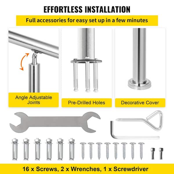 SKYSHALO Handrail 39 in. x 34 in. Silver Stainless Steel Stair Railing Kit 551 lbs. Load Handrail Outdoor Stair Railing