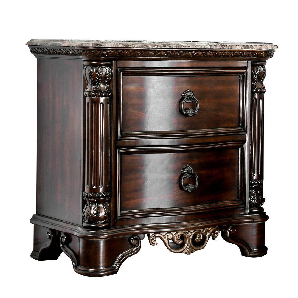 Menodora Transitional Espresso 2-Drawer Nightstand with Gold Accents