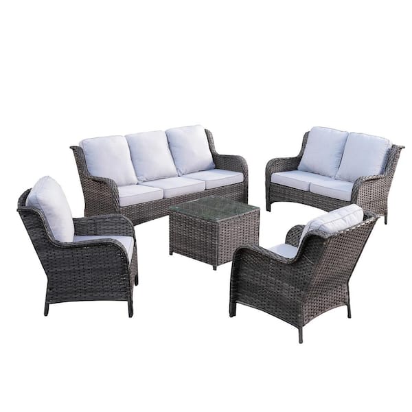 XIZZI Ceres Gray 5-Piece Wicker Outdoor Patio Conversation Seating Set with Gray Cushions