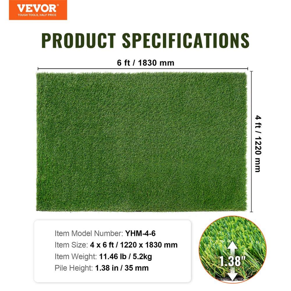 VEVOR 4 x 6 ft Green Artificial Grass Turf with Drainage Holes