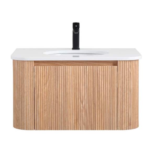 30 in. W x 16 in. D x 20 in. H Wall-Mounted Bath Vanity in Natural Wood with White Ceramic Top