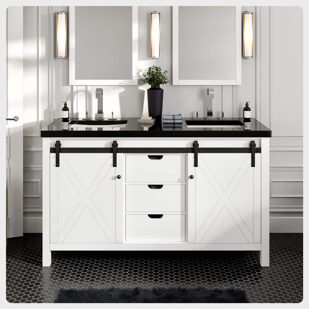 Eviva Dallas 60 in. W x 22 in. D x 34 in. H Double Bath Vanity in White  with Black Granite Top with Black Sinks EVVN529-60WH - The Home Depot