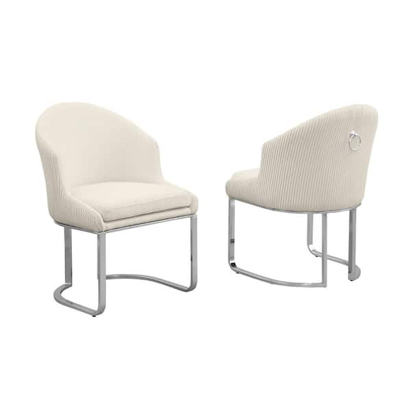 Best Quality Furniture Romina Cream Teddy Fabric Side Chair Set of 2 with Chrome Iron Legs