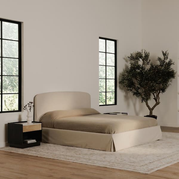Prescott Cream White Wood Frame Queen Platform Bed with Hydraulic Lift Storage and Removable Slipcover