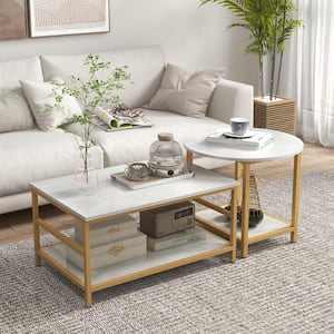 21.25 in. rectangle Wood Coffee Tables Set with White Storage Shelves, Sofa Side Table for Living Room