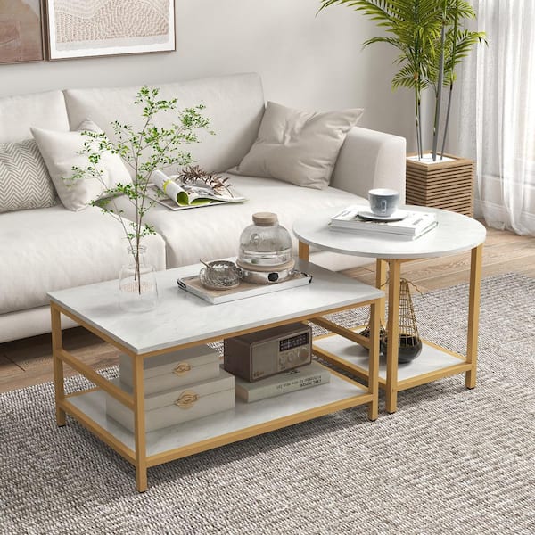 HOMCOM 21.25 in. rectangle Wood Coffee Tables Set with White Storage Shelves, Sofa Side Table for Living Room