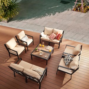 X-Back 10-Piece Metal Patio Conversation Seating Set with Beige Cushions