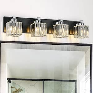 Orillia 27.5 in. 4-Light Black and Chrome Bathroom Vanity Light with Crystal Shades