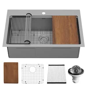 33 in. Drop-In Single Bowl 16-Gauge Stainless Steel Workstation Kitchen Sink