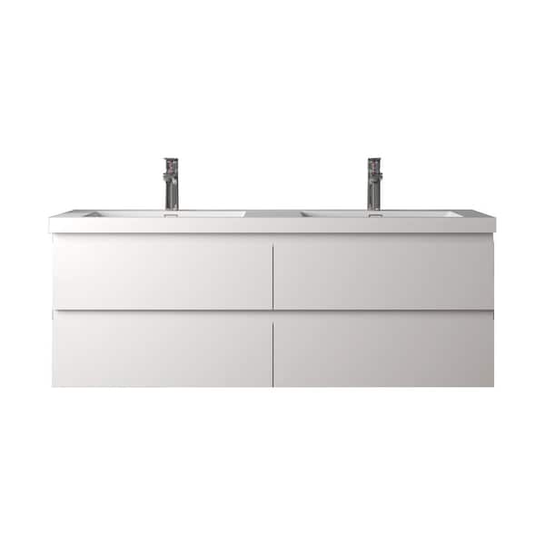 Angela 60 in. Double HG. White Bath Vanity Wall-mounted Floating Vanities with Gloss White Resin Stone Top 4-Drawers
