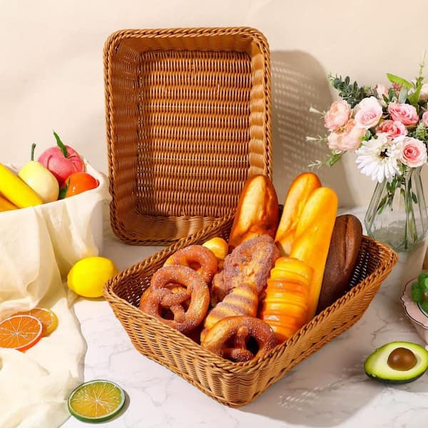 6 Piece Wicker Bread Basket, 17.7 in. Poly Rattan Woven Serving Basket, Tabletop Food Tray for Bread, Fruit