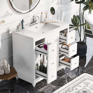 36 in. W x 18 in. D x 34 in. H Single Sink Bath Vanity in White with White Resin Integrated Top, 4 Drawers and 1 Door