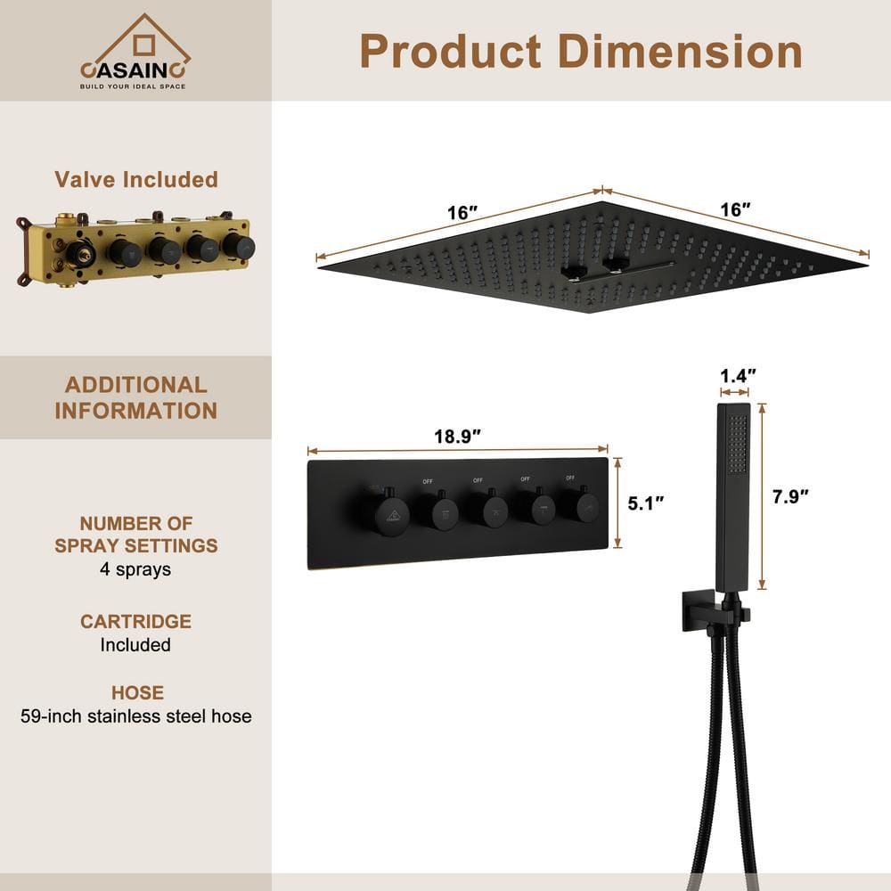 Matte Black 16-Inch Dual Square Ceiling Mounted Rain Shower System