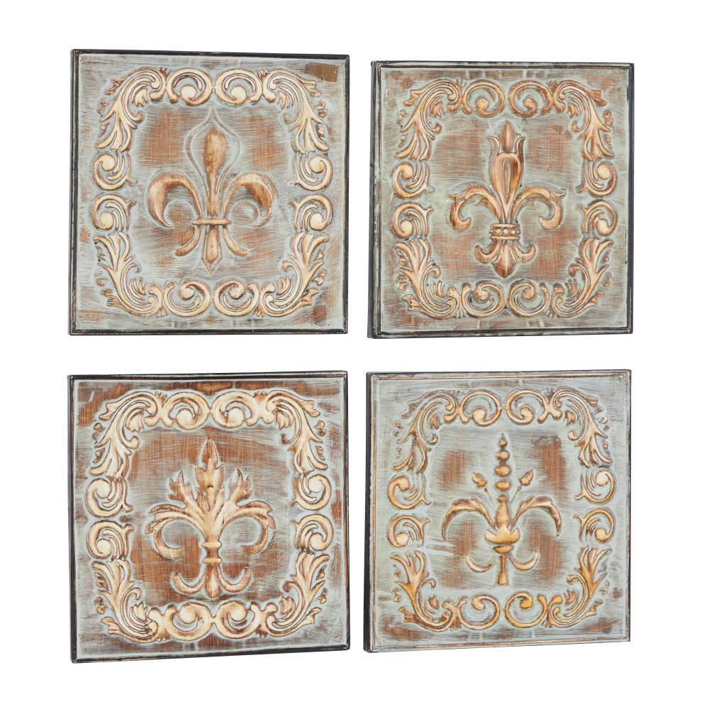Set of Four Brass Finish Embossed Copper Alloy Wall Sculptures