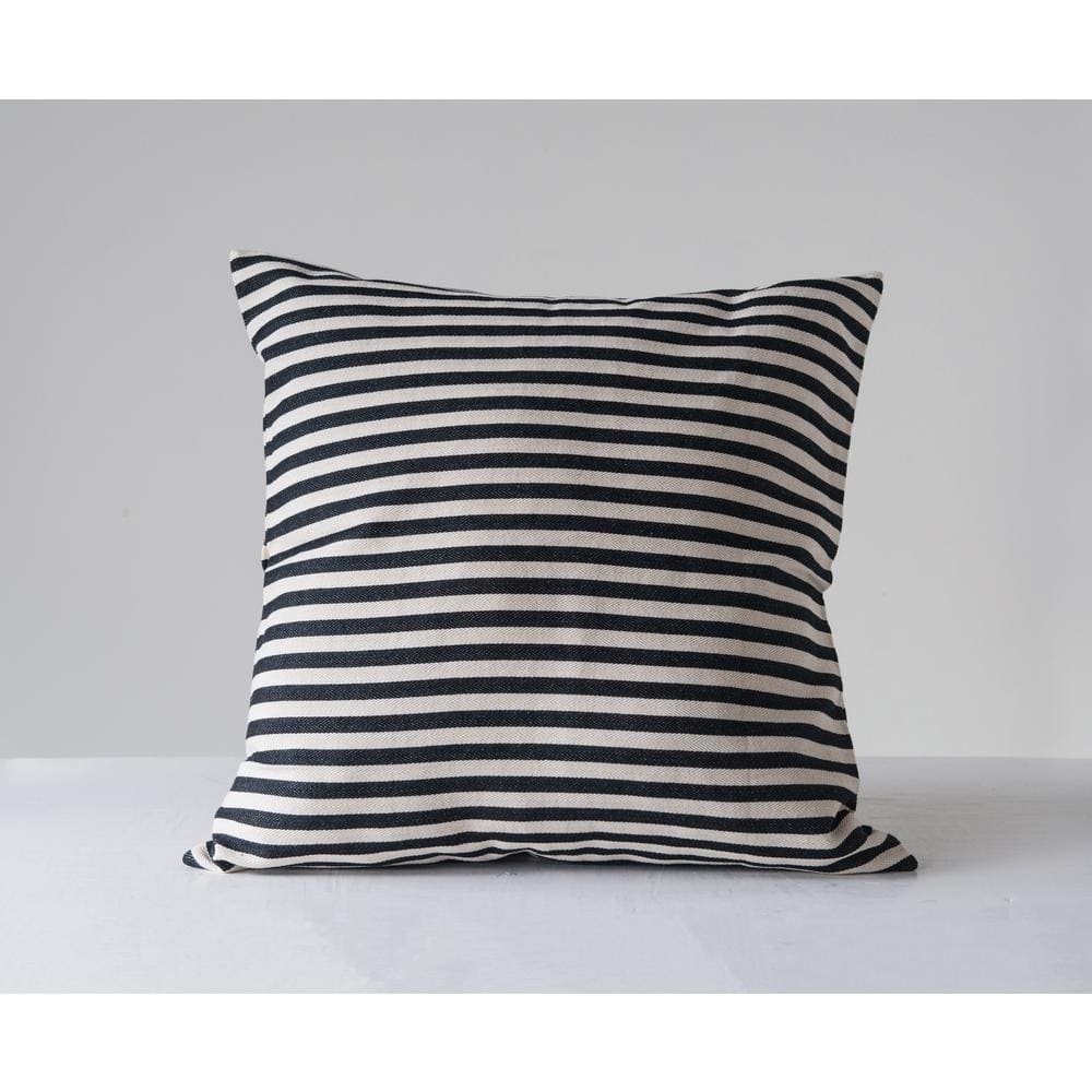 26" Black and Cream Cotton Striped Square Throw Pillow
