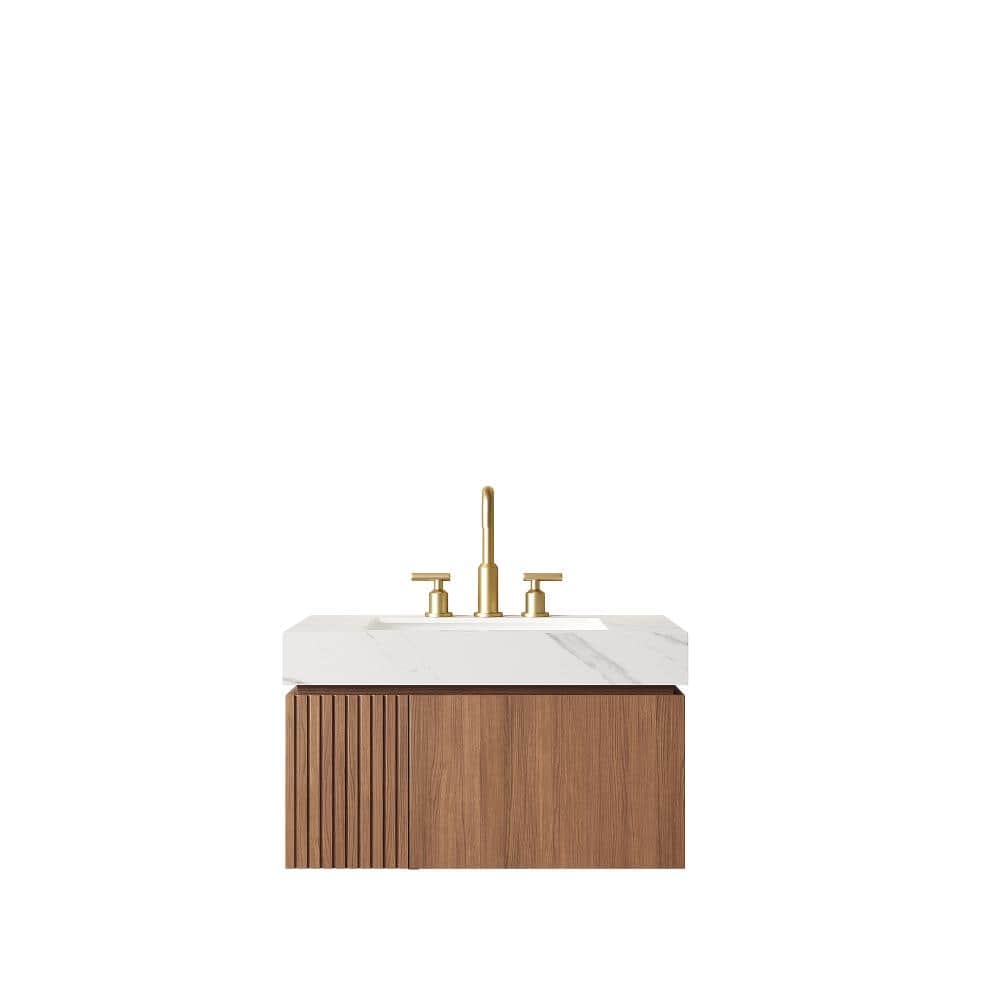 30 in. Floating Brown Oak Bath Vanity with Carrara White  Sintered Stone Top and Ceramic Basin price history on PriceWatchPro