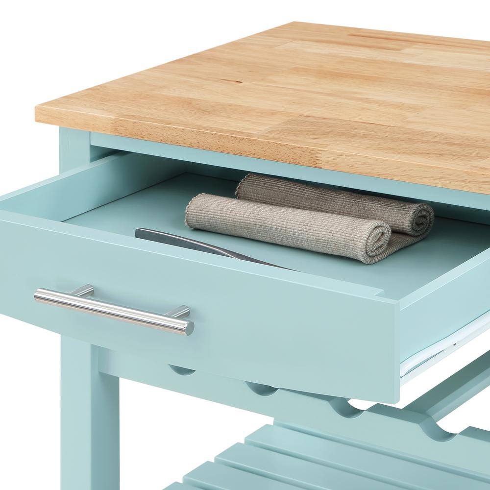 Sea Foam Blue Wood Butcher Block Kitchen Cart with Wine Rack