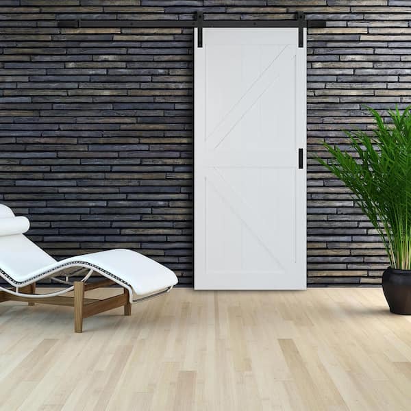 42 in. x 84 in. Bright White Stone K-Frame Design MDF Wood Prefinished Sliding Interior Barn Door Slab
