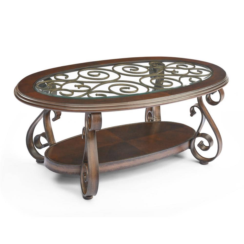 Kahomvis 52.5 in. Brown 2-Tier Classical Oval Glass Coffee Table with Powder Coat Finish Metal Legs and Bottom Shelf -  CYS-LKW4-2160