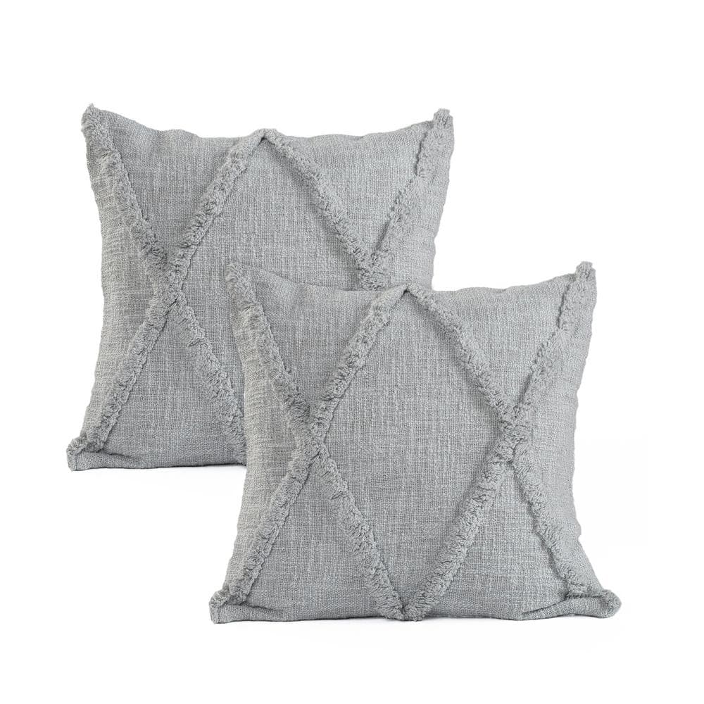 LR Home Reed Light Gray Solid Tufted 100% Cotton 18 in. x 18 in. Throw Pillow (Set of 2)