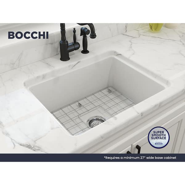 Sotto Matte White Fireclay 24 in. Single Bowl Undermount/Drop-In Kitchen Sink w/Protective Bottom Grid and Strainer
