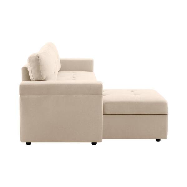 84.64 in. W Square Arm 1-Piece Velvet L-Shaped Sectional Sofa in Beige with Chaise
