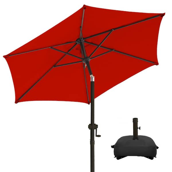 7.5 ft. Market Patio Umbrella with Base and Push Button Tilt in Red