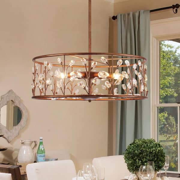 LLHZSY 6-Light Vintage Copper Pendant Drum Chandelier with Crystal Accents
