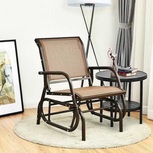 1-Person Metal Rocking Chair Outdoor Single Swing Glider Armrest Garden Porch Backyard Brown