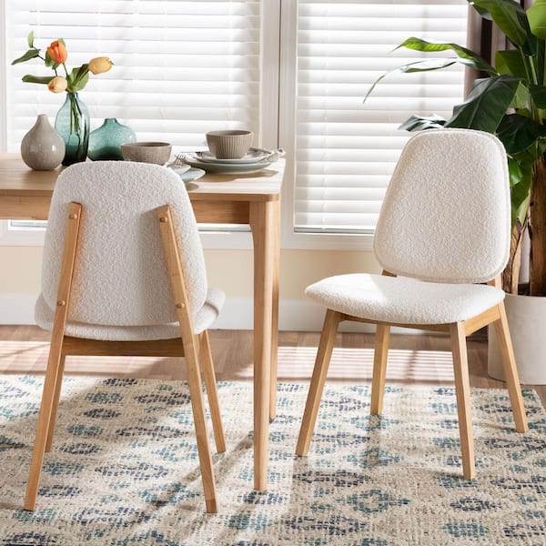 Hudson White Boucle and Natural Brown Wood Dining Chair (Set of 2)