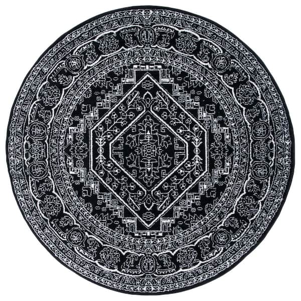 Adirondack Black/Ivory 4 ft. x 4 ft. Border Medallion Round Area Rug