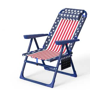 Metal American Flag Outdoor Camping Folding Lounge Chair, 6-Positions Backpack Reclining Beach Chairs for Adults