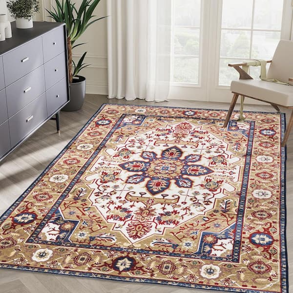 Vintage Bohemia Persian Area Rug-Non-Slip Washable Floral Design in Blue/Gold for Living Room, Kitchen and Bedroom