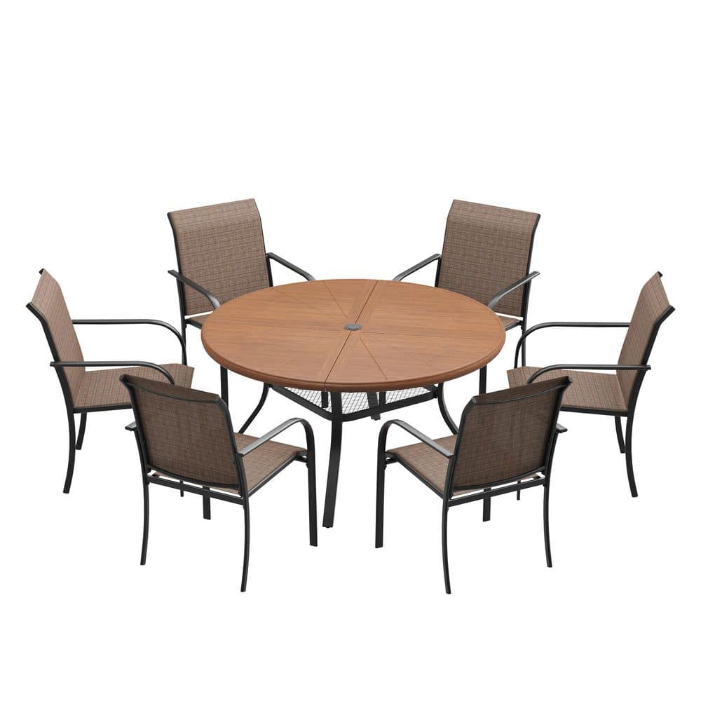 7-Piece Patio Dining Set with 47.2 in. Walnut Aluminum Round Table and 6-Brown Stackable Dining Chairs for Outdoor Use price history on PriceWatchPro