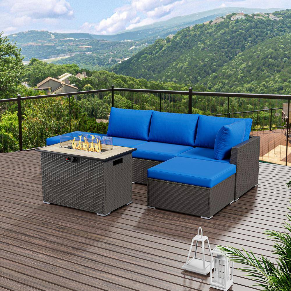 6-Piece Outdoor Wicker Patio Conversation Seating Set with Propane Fire Pit Table (Royal Blue Cushion) price history on PriceWatchPro