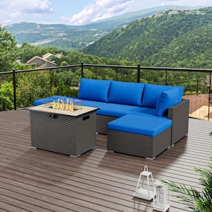 6-Piece Outdoor Wicker Patio Conversation Seating Set with Propane Fire Pit Table (Royal Blue Cushion)