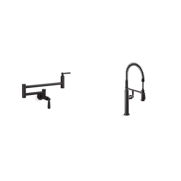 Edalyn Matte Black Wall Mount Pot Filler and Single Handle Pull Down Sprayer Kitchen Faucet Combo