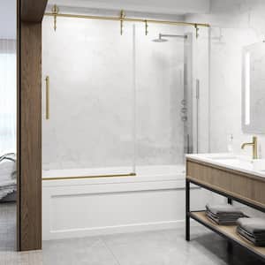 Hamilton 56 in. to 60 in. W x 68 in. H Aerodynamic Frameless Sliding Tub Door in Matte Brushed Gold with Clear Glass