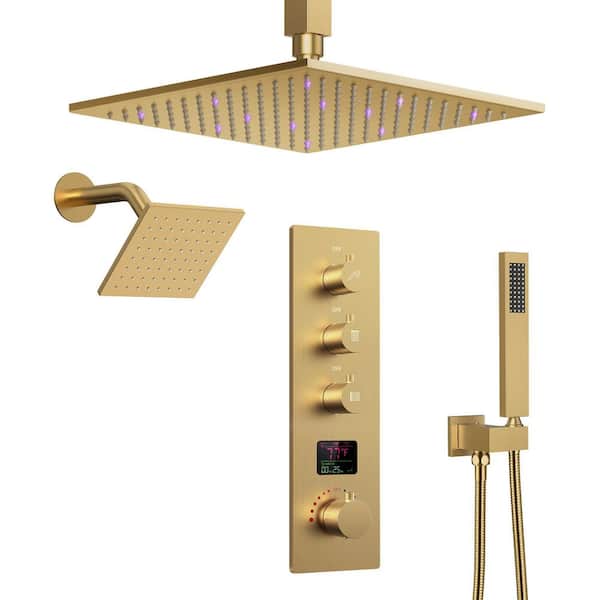 GRANDJOY IntelliFlow 3-Color LED Quadruple Handle 7-Spray Shower Faucet 2.5 GPM with High Pressure, Anti Scald in Brushed Gold