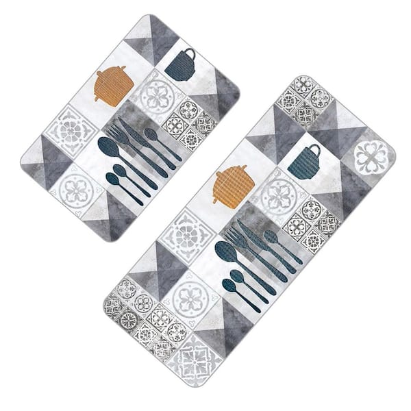 Unbranded Cutlery 20 in. x 47 in. and 20 in. x 32 in. Set of 2 Grey Anti Fatigue Kitchen Mat & Runner Rug