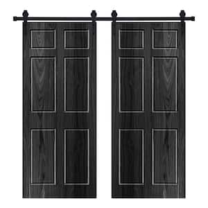 Modern 6-Panel Designed 48 in. W. x 80 in. Wood Panel Ebony Painted Double Sliding Barn Door with Hardware Kit