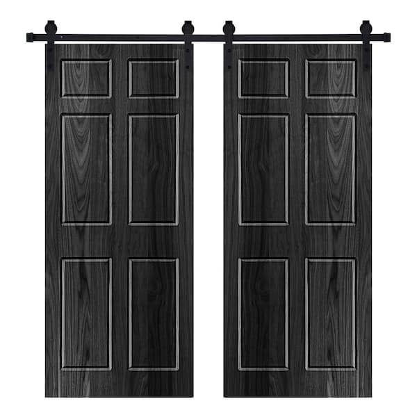 AIOPOP HOME Modern 6-Panel Designed 72 in. W. x 96 in. Wood Panel Ebony Painted Double Sliding Barn Door with Hardware Kit