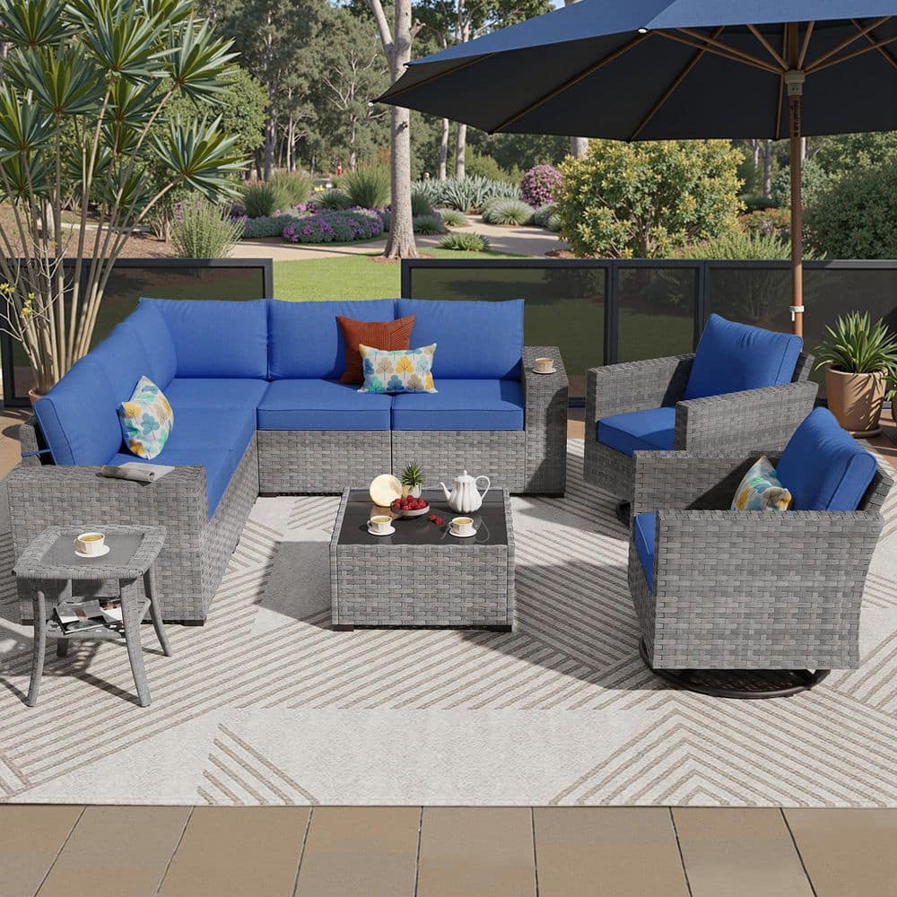 Lanora Gray 9-Piece PE Rattan Wicker Outdoor Sectional Set Sofa Set with Navy Blue Cushion, Table & Rocking Chair Set price history on PriceWatchPro
