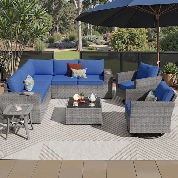 Lanora Gray 9-Piece PE Rattan Wicker Outdoor Sectional Set Sofa Set with Navy Blue Cushion, Table & Rocking Chair Set